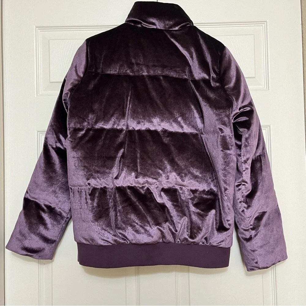 SWEATY BETTY Velvet Puffer Jacket Purple Gold Zipper Shimmer Pockets Size Small - Picture 8 of 14
